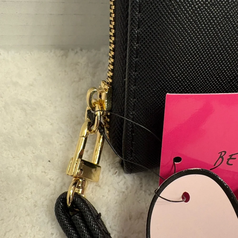 Betsey Johnson Black Zip Around Wristlet Wallet with Gold Accents NWT